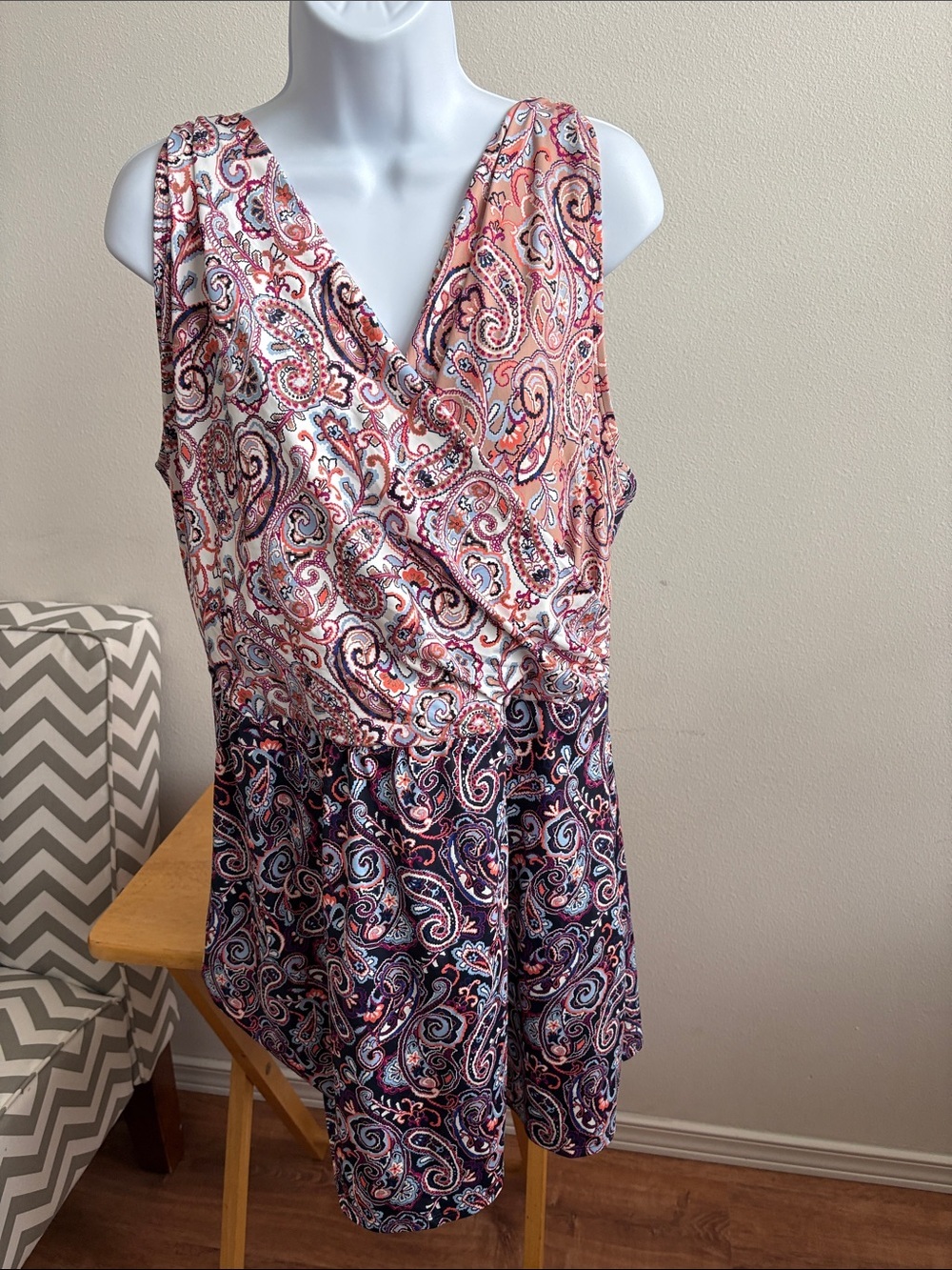 Lands End Paisley Surplice Swim Dress in Coral, Navy & White 24W DDD